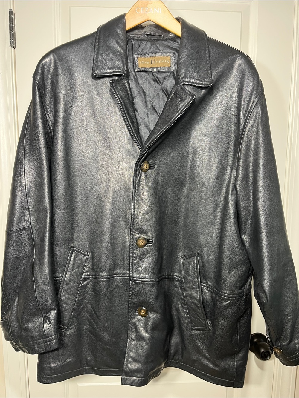 John Henry Black Genuine Leather‎ Car Coat Jacket Quilted Lined Men’s M